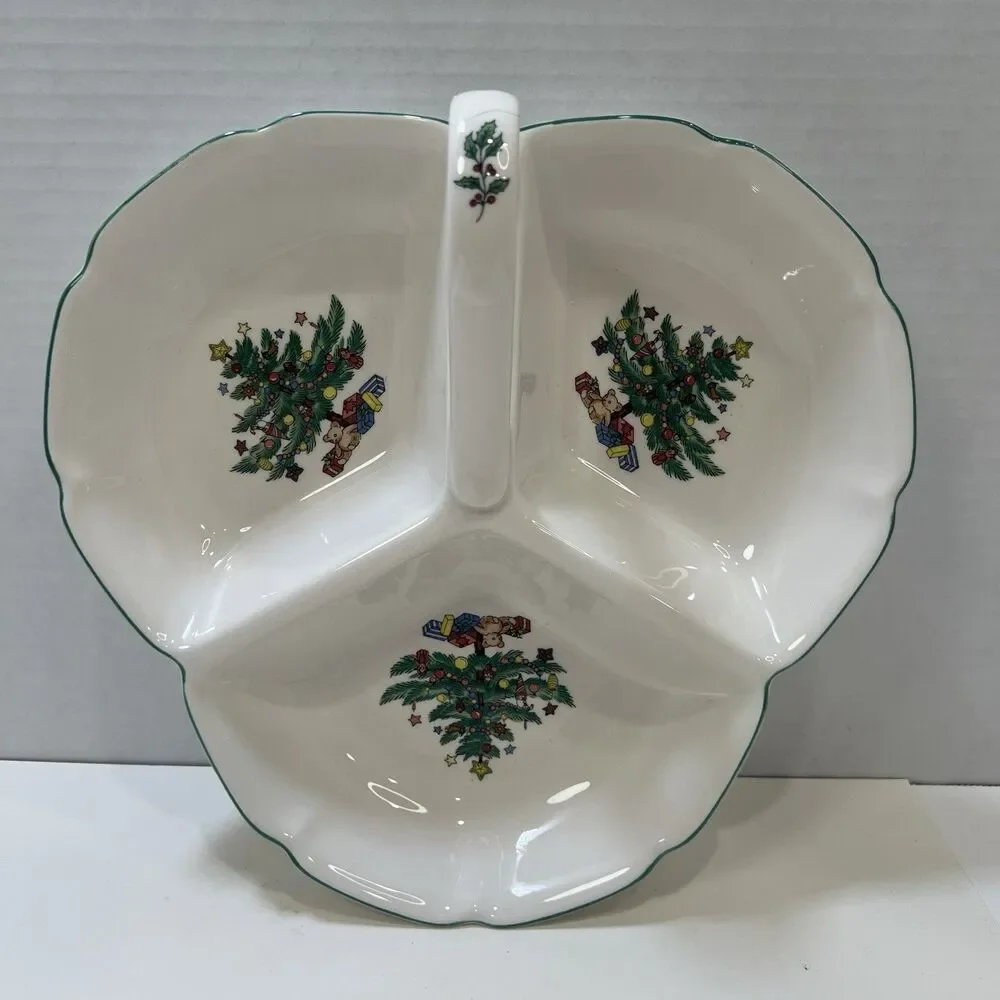Nikko Christmastime Three Section Serving Tray Dish w/box EUC Happy Holidays